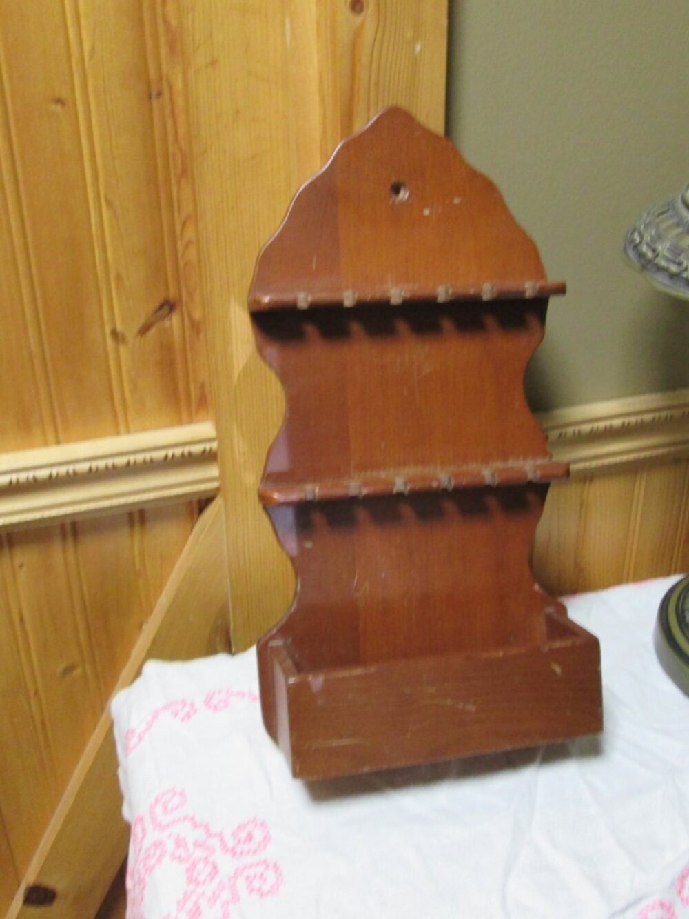 Vtg scalloped 14 in H wood cottage core spoon rack bottom planter